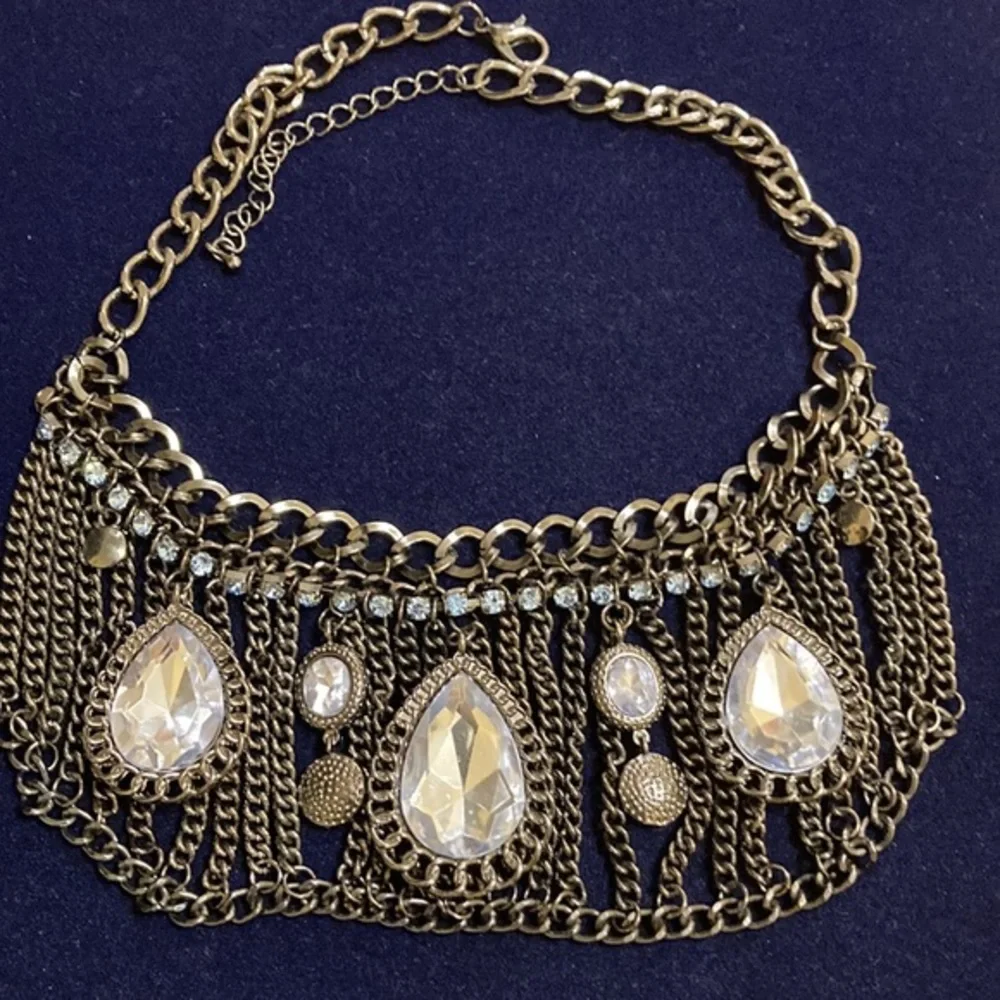 Gunmetal and blue rhinestone with faceted faux crystals statement necklace